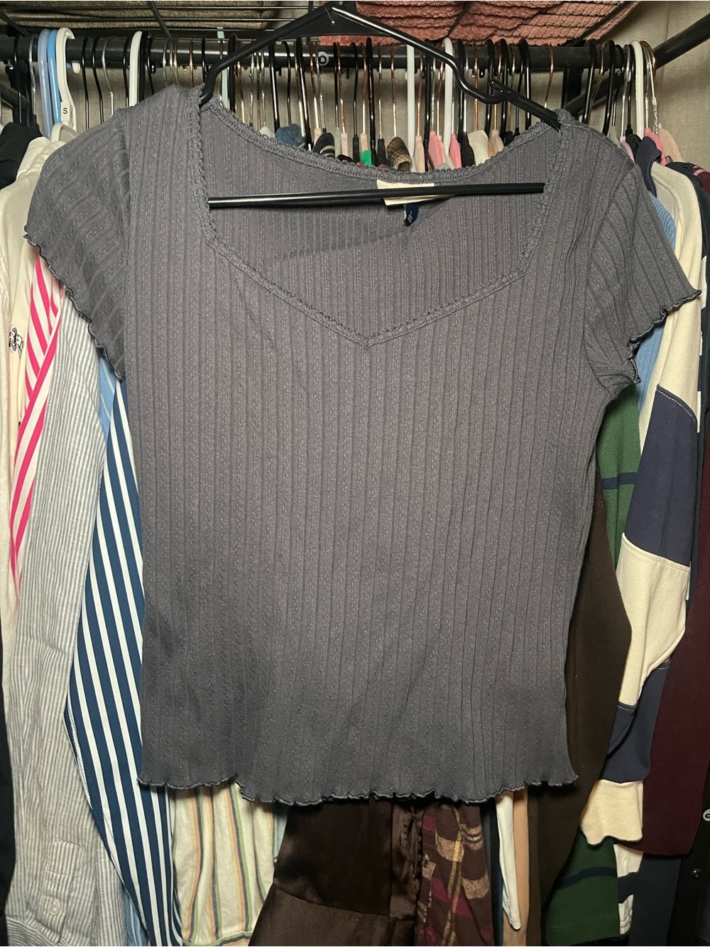 Gray Ribbed Baby Tee Lettuce Trim Short Sleeve Top